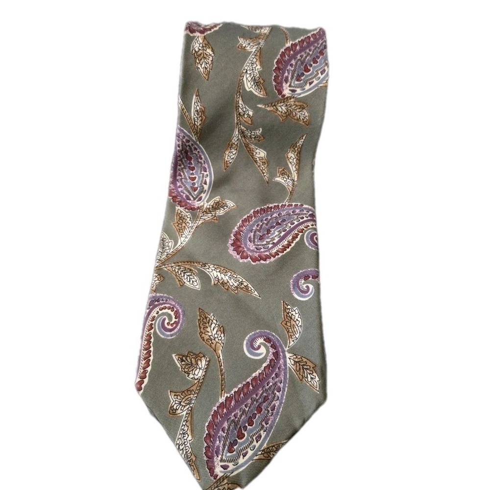Oscar de la Renta Couture Silk Tie Olive Purple Paisley Made USA 56" Necktie